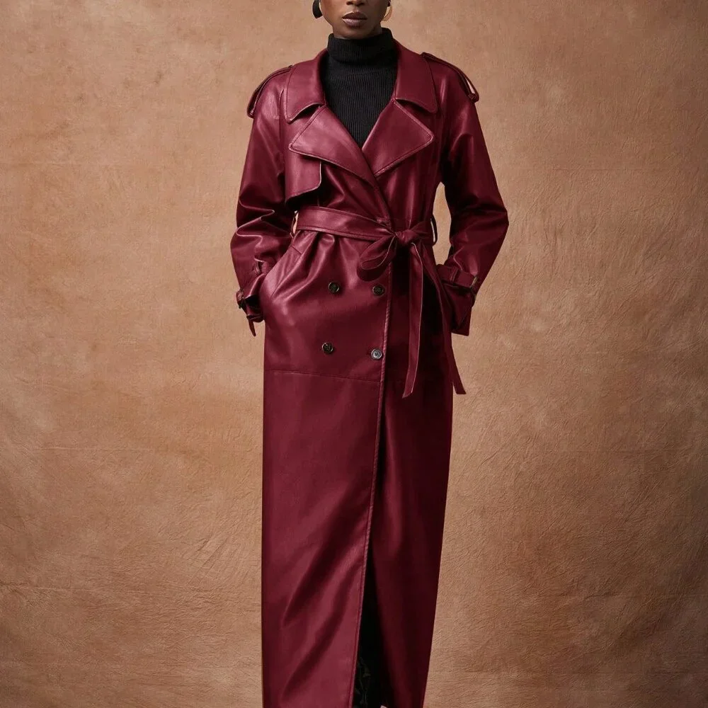 Burgundy Elegant Women's Lapel faux leather belted Long trench Coat - Picture 7 of 8